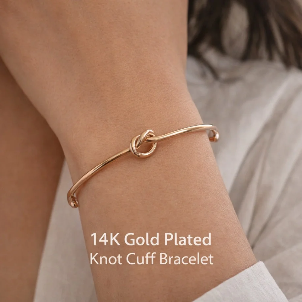 14K Gold Plated Knot Cuff Bracelet Open Bangle Minimalist Adjustable